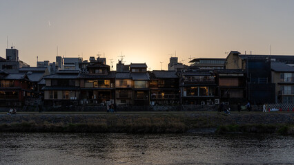 Under the sunset over the Kamo River in Kyoto