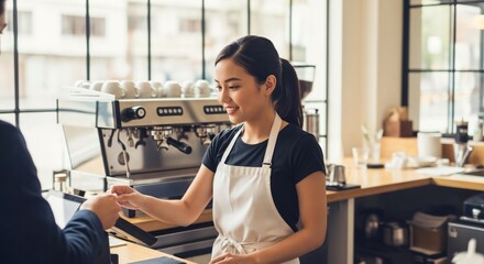 Smiling young Asian female barista taking payment from a customer at the counter in a coffee shop. Woman working in a cafe.