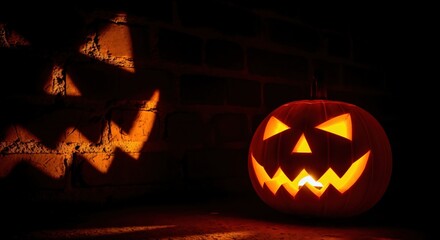 Glowing Jack O'Lantern in the dark. A spooky carved pumpkin with a scary face casting a shadow on a brick wall for the Halloween holiday.