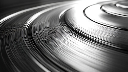 Vinyl record close up showing shiny black grooves with blurred moving textures creating dynamic brushed metal effect