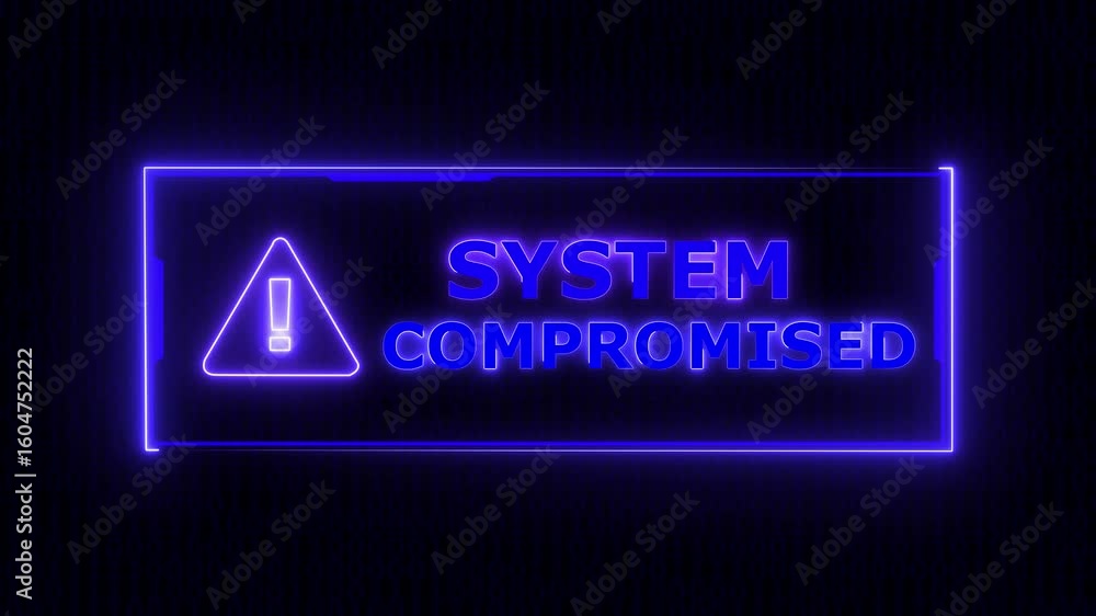 Poster a cybersecurity alert screen showing system compromised warning with blue interface, breach detected