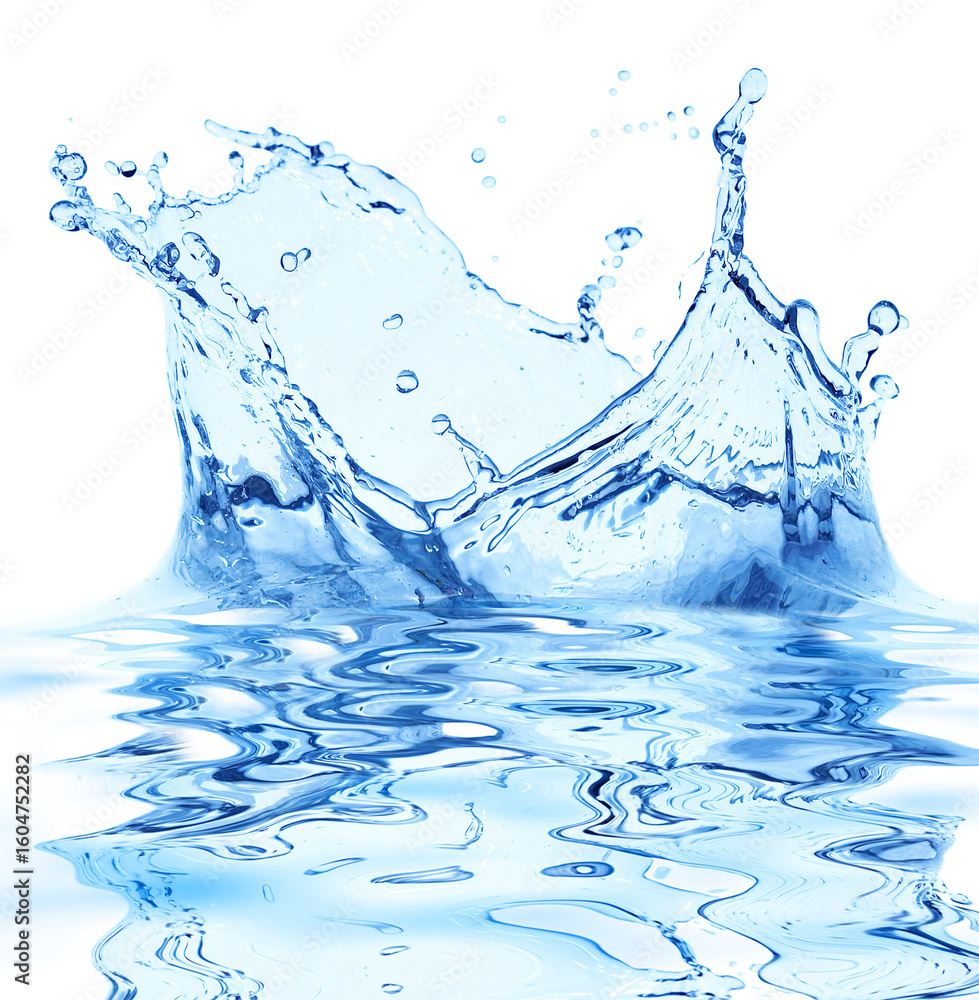 Poster dynamic blue water splash frozen in motion with droplets and waves isolated on transparent backgroun