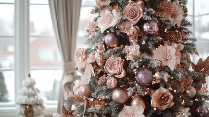 Festive, elegant Christmas tree adorned with blush pink and mauve ornaments, flowers, and ribbons