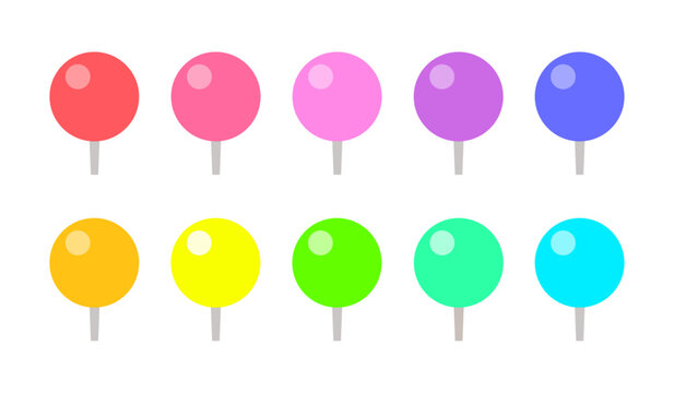 ポップな色の丸い押しピン・画鋲･まち針のアイコンセット - シンプルでかわいい目印やマーカーのイラスト