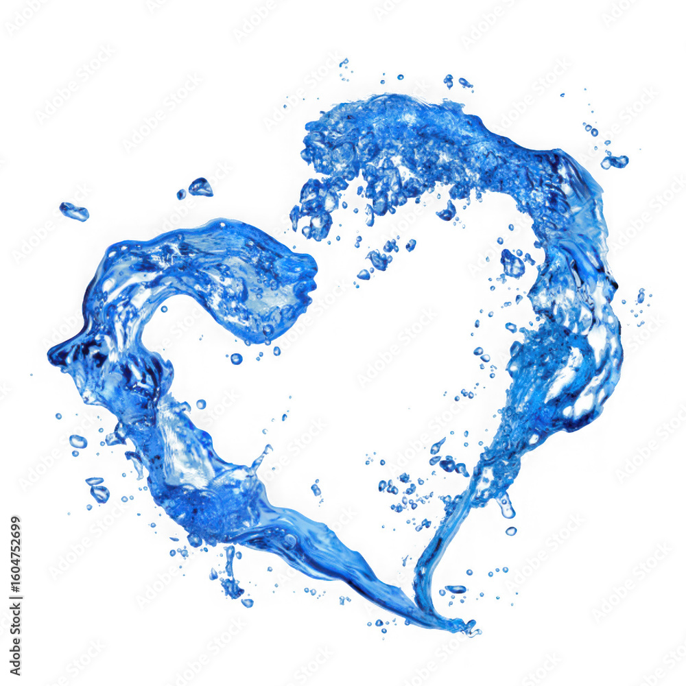 Poster dynamic blue water splashes forming a heart shape with droplets and bubbles isolated on transparent 