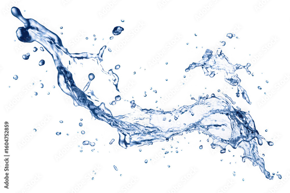 Poster dynamic blue water splash frozen in motion with tiny droplets isolated on transparent background