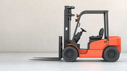 An orange forklift machine used in warehouses and factories for lifting and transporting materials, set against a plain backdrop. Side view of the vehicle.