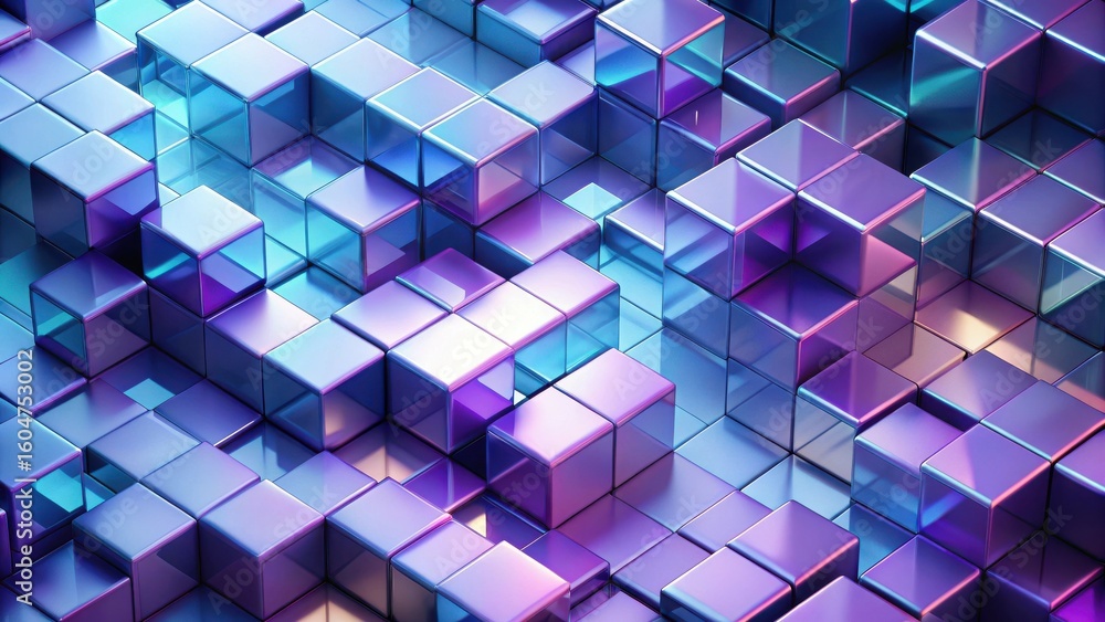 Poster abstract iridescent cubic composition, a vibrant array of glossy blocks in shades of purple and blue