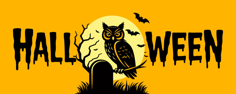 Happy Halloween greeting card, banner, poster, card. Halloween vector background design. Halloween flyer. Halloween party invitation card. Holidays cartoon character. Orange background with black owl