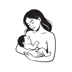 Gentle illustration of a mother tenderly breastfeeding her newborn baby in a loving embrace symbolizing maternal care and bonding