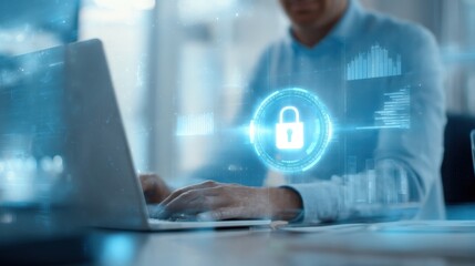 The digital security interface showcasing a padlock over a laptop.