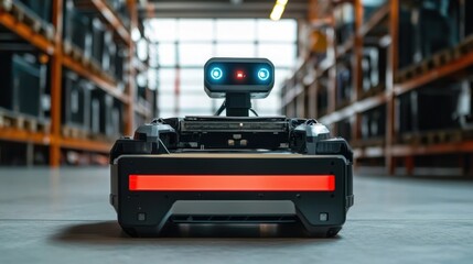 A robot with a camera and a screen in a warehouse setting.