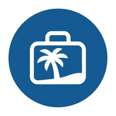 Blue Circular Icon White Suitcase with Palm Tree Graphic