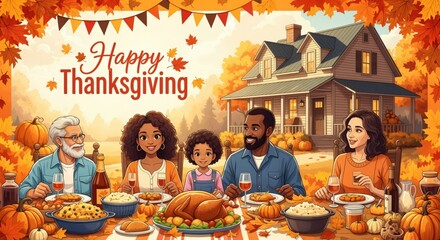Happy Thanksgiving. A multi-generational mixed-race family celebrating with a traditional dinner feast outdoors in autumn.
