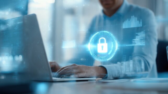 The digital security interface showcasing a padlock over a laptop.