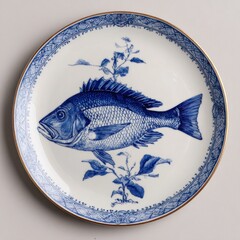 Blue fish on white plate with floral border