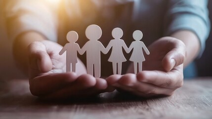 A person holding a paper cutout of a family with a wooden background