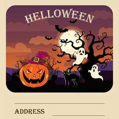 Pumpkin with witch hat, black cat, flying bats, spooky tree, ghosts and full moon on dark orange night background. Cartoon Halloween illustration. Halloween celebration. Design for postcard, greeting 