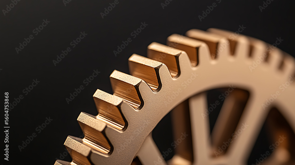 Aufkleber close-up of a golden mechanical gear against a dark background, showcasing intricate design and engi