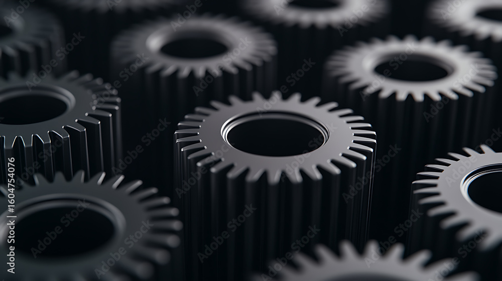 Poster metal gears in a dark setting, representing mechanisms and engineering, connecting through intricate