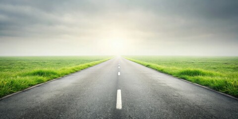 Fototapeta premium Asphalt Road Leading to a Bright Future Through Verdant Fields Under a Misty Sky