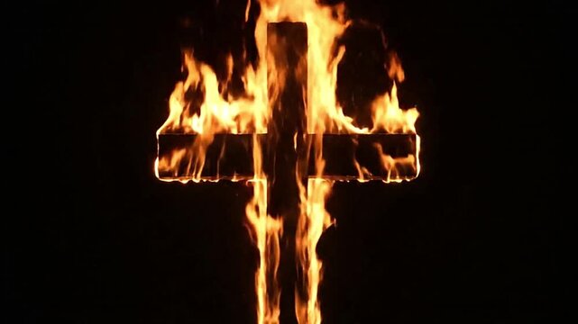 A burning cross on a black background