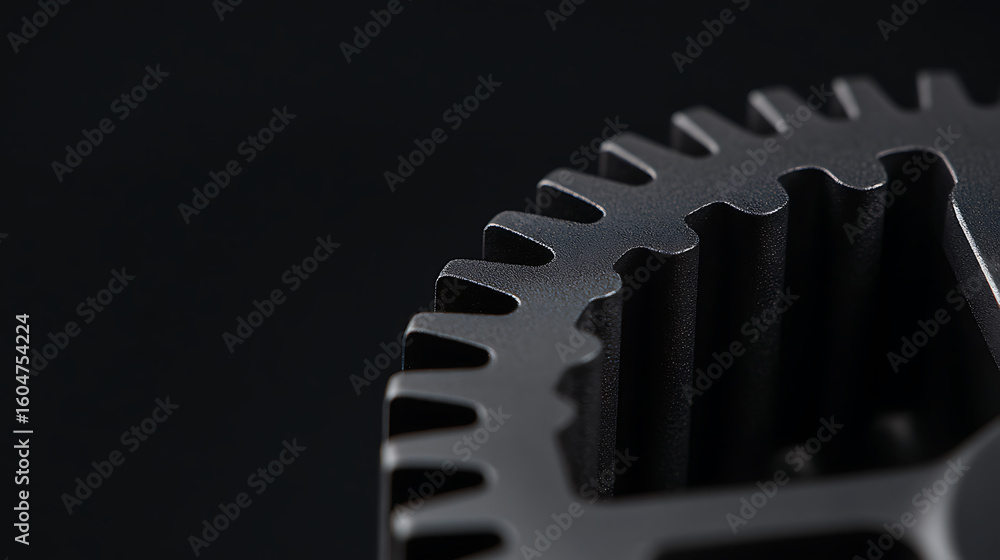 Poster close-up of a gear fragment, emphasizing its intricate tooth design, industrial aesthetic, and mecha