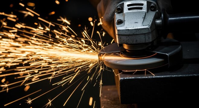 Industrial worker grinding steel with a power tool. Close-up shot of bright orange sparks flying in a dark workshop.