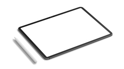 iPad on the desk with transparent background for web design and App UI presentation. Side view with empty blank screens.
