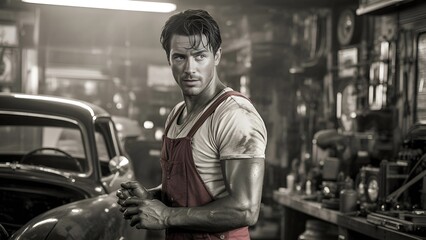 Handsome mechanic in classic auto repair shop ready to service vintage car with expertise
