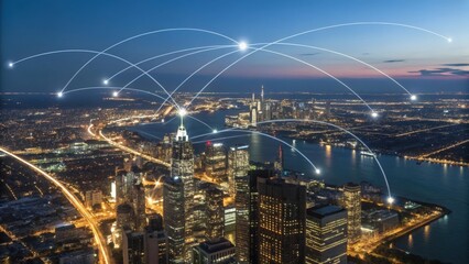 Global network connections overlaying a modern cityscape at dusk