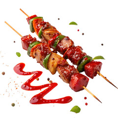 Spicy Street Food Skewers with Red Glaze Isolated on White Background
