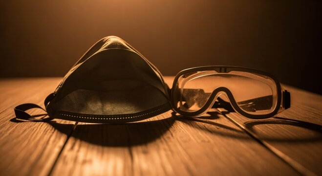 Protective face mask and safety goggles on a wooden desk. Personal protective equipment for health and safety.