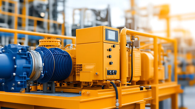Industrial Pump: Vivid depiction of a robust, yellow industrial pump with blue components, embodying precision engineering and power for essential operations.