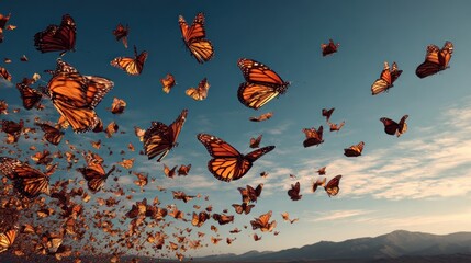 Monarch butterflies fill a vibrant sky