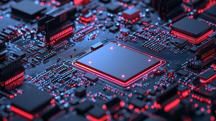 Obraz premium A futuristic circuit board with glowing red and blue lights, set against a black background.
