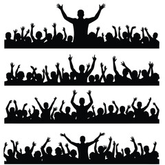 Silhouetted crowd celebrating with raised arms celebration people