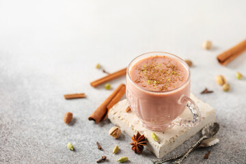 Pink Tea Kashmiri Chai. Traditional Kashmiri tea with  sliced pistachios, almonds. Pakistani cuisine