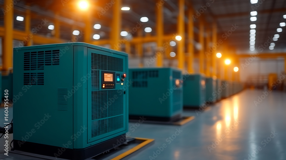 Poster industrial power generators stand ready for use in a bright warehouse environment. these machines ar