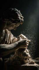 Sculptor at work, dusty, focused