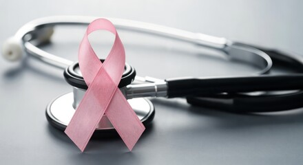 Pink ribbon for breast cancer awareness with a stethoscope on a gray background. Medical healthcare and medicine concept for October.