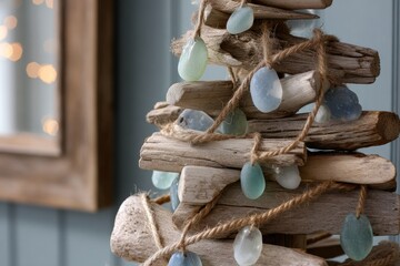 Driftwood Christmas tree with sea glass ornaments