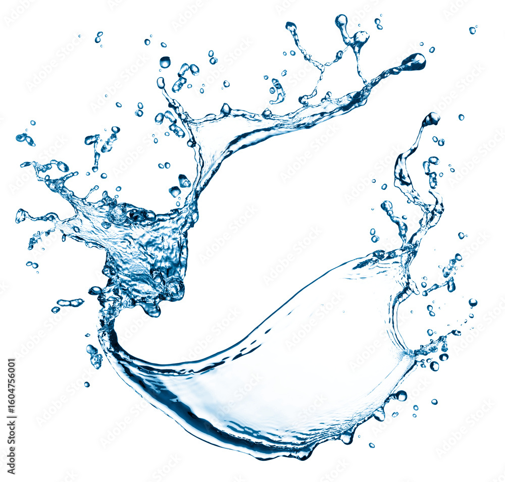 Poster dynamic blue water splash with droplets and ripples forming a circular motion isolated on transparen