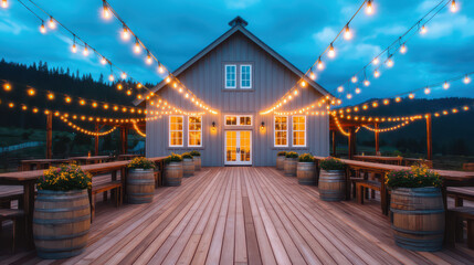 Barn Wedding Concept, Rustic barn wedding venue illuminated by romantic string lights dusk with wooden deck featuring wine barrel tables and twinkling bistro lights creating magical outdoor