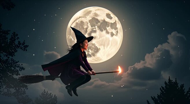 A young witch soars on a broom at night under a full moon