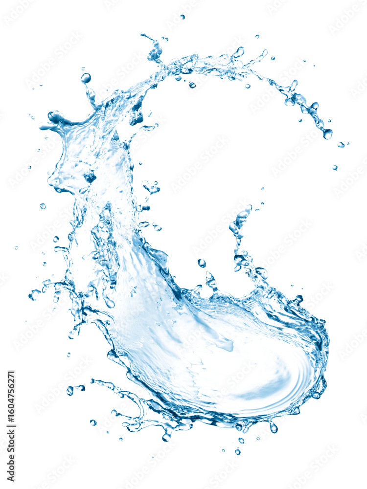 Poster dynamic splash of clear blue water captured in motion forming an abstract swirling wave shape isolat
