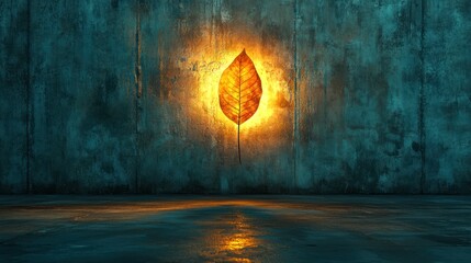 Illuminated autumn leaf on textured wall