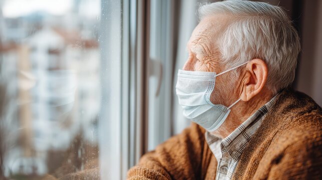 Elderly man wearing a face mask looks thoughtfully out a window, reflecting isolation and safety during a pandemic