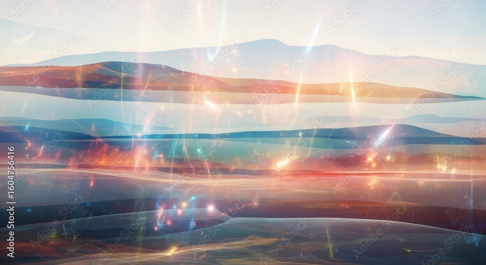 Poster abstract landscape with glowing energy streaks and sparkles. ethereal futuristic digital art of roll