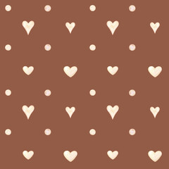 Seamless watercolor pattern with white chocolate hearts and dots on a chocolate brown background. Perfect for Valentine's designs, packaging, textiles, and sweet branding.
